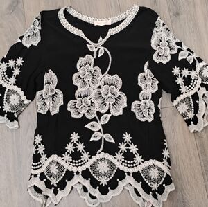 Solitaire Black White Embroidered Floral Blouse Small Whimsical Fairy Festival